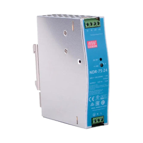 12 Pack Slim Switch Mode DIN Rail Power Supply 75W 90 To 264V AC Input Budget Friendly Industrial PSU For Automation Control Systems And Machinery NDR 75 24 side view