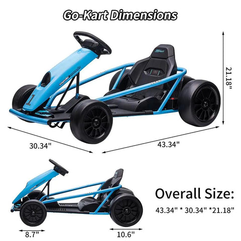 Dimensions of Dual 300W Go Kart For Kids With 24V System, Eight Point One MPH Top Speed, Drift Ready Ride On Toy