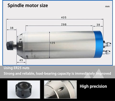 Heavy Duty 3.2Kw Water Cooled Spindle Motor 220V 24000Rpm With Er25 Dynamic Balance Nut 125Mm Diameter measurements and ER25 nuts.