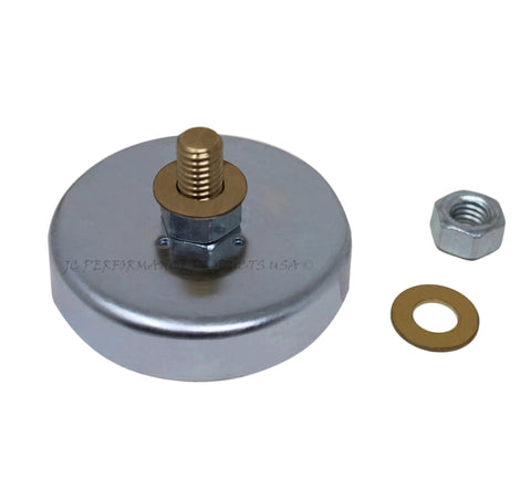 Round chrome welding ground clamp base with brass threaded electrode stud; includes hex nut and brass washer