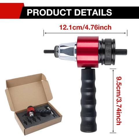 Turn Your Cordless Drill Into A Beast Rivet Gun With Quick Change M3 To M8 Adapter Kit showing dimensions and case
