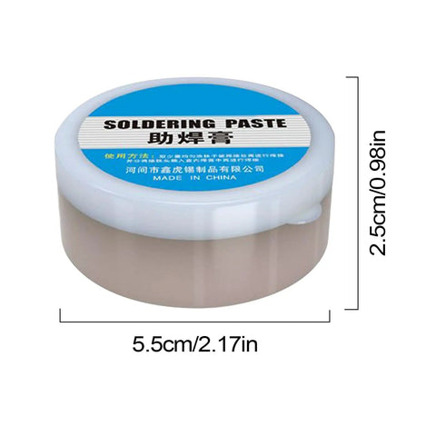 High-Performance Rosin-Style Solder Flux Paste For Electronics Repairs, 35g container with dimensions, wetting-boosting flux.