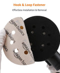 5 Inch 8 Hole Hook And Loop Sanding Discs Assorted Grit 100 Pack showcased with fastener installation