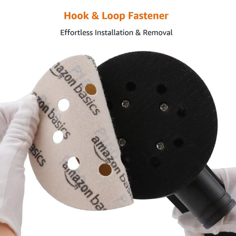 5 Inch 8 Hole Hook And Loop Sanding Discs Assorted Grit 100 Pack showcased with fastener installation