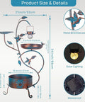 Diagram of 3 In 1 Outdoor Metal Bird Bath With Feeder And Planter Garden Blue Bird Bath With Solar Lights dimensions and features.