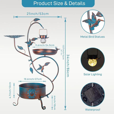 Diagram of 3 In 1 Outdoor Metal Bird Bath With Feeder And Planter Garden Blue Bird Bath With Solar Lights dimensions and features.