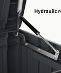 Close-up of hydraulic rod mechanism in Big Ol 320 Gallon Resin Deck Box Waterproof Outdoor Storage Chest With Lockable Lid UV Resistant