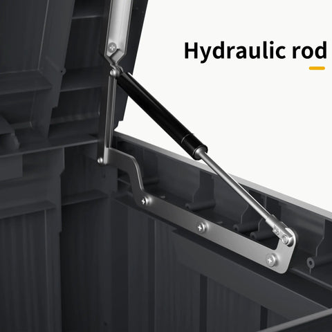 Close-up of hydraulic rod mechanism in Big Ol 320 Gallon Resin Deck Box Waterproof Outdoor Storage Chest With Lockable Lid UV Resistant