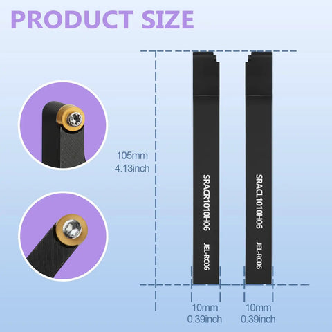 Pro Grade Dope 0.375 Inch Lathe Turning Tool Holders Set with 105mm length and 10mm width tool holders shown in size chart