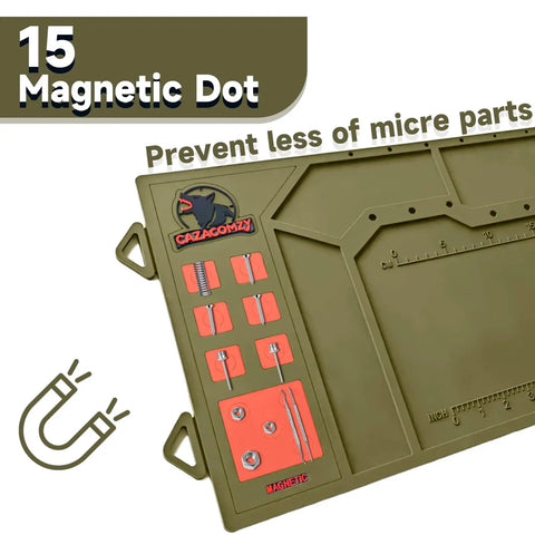 Heavy Duty Gun Cleaning Mat With Magnetic Pistol Pad And Tool Stand, Non Slip Work Surface For Safe Cleaning, Pro Grade Durable Polyester Mat For Firearm Maintenance, Keeps Parts And Tools Organized, 15 magnetic dots, olive mat
