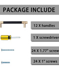 Package contents of Five Inch Modern Black And Gold Aluminum Cabinet Pulls 12 Pack Knurled Diamond Pattern Drawer Hardware for Kitchen and Bathroom
