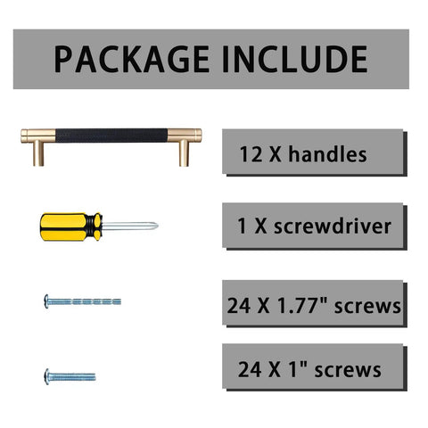 12 Pack Modern Black And Gold Aluminum Cabinet Pulls Knurled Diamond Pattern Drawer Handles For Kitchen Cupboard Doors And Bathrooms, 6.2 Inch Overall Length, 5 Inch Center To Center package contents including handles, screws, and screwdriver