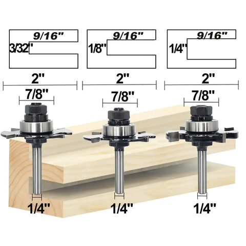 Three Piece Slot Cutter Router Bit Set With One Quarter Inch Shank Four Flute Nine Sixteenths Inch Cutting Depth Carbide Tip