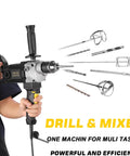 Person holding Beast Mode 10 Amp Corded Drill Mixer Kit With Five Eighth Inch Chuck Spade Handle Variable Speed for heavy-duty use