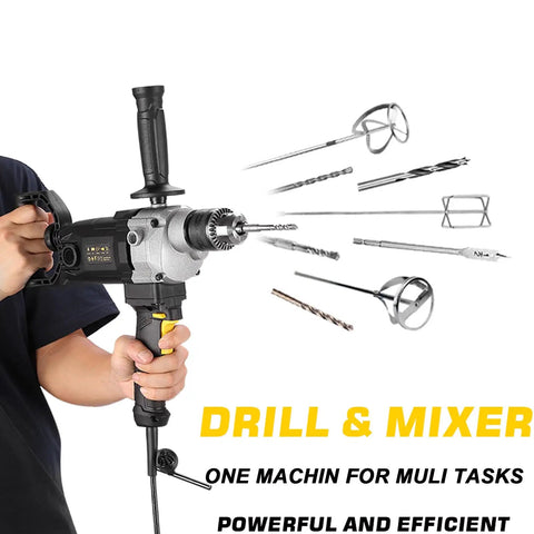 Person holding Beast Mode 10 Amp Corded Drill Mixer Kit With Five Eighth Inch Chuck Spade Handle Variable Speed for heavy-duty use