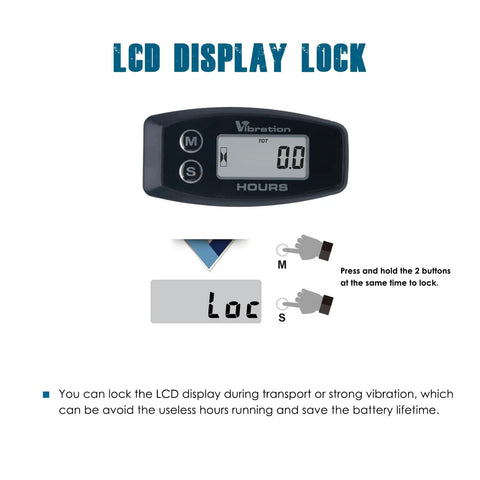 Cordless Vibration Hour Meter With Wireless Sensor Adjustable Sensitivity Levels Low Medium High Accurate Runtime Tracking And Triple Timer Alerts For Gear And Rig Maintenance And Preventive Servicing LCD display lock