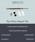 Compact Eyeglass Repair Kit With Screwdriver, 11 Piece Grab And Go Emergency Glasses Fix Kit shown with tools and parts