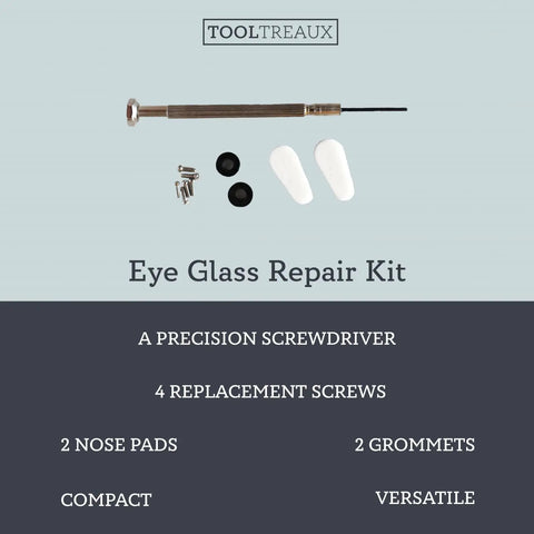 Compact Eyeglass Repair Kit With Screwdriver, 11 Piece Grab And Go Emergency Glasses Fix Kit shown with tools and parts