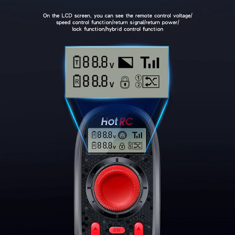 Close-up of DS600 6CH 2 4Ghz RC Transmitter display showing voltage and controls.