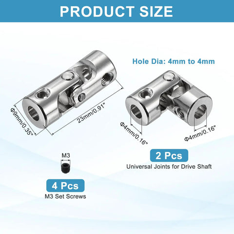 Two Pack Heavy Duty Universal Joint Shaft Couplings 4mm To 4mm Inner Diameter Rotatable Steering Shaft U Joints With Screws For RC Cars Robots Boats And Other Drive System Projects, 9x23mm 45# steel