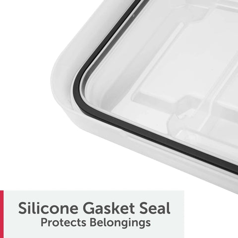 Close-up of silicone gasket seal on a Massive 80 Quart Clear Plastic Storage Bin With Hella Tight Waterproof Seal And Heavy Duty Latches.