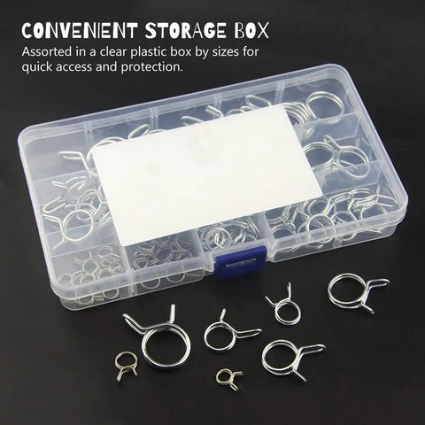 70 Piece Double Wire Fuel Line Hose Clamp Set With Stainless Steel Spring Clips in clear box, sizes 6-18mm visible
