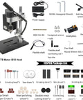 Portable Benchtop Drill Press With Cnc 775 Motor And Flexible Shaft displayed with accessories including wrench, flexible shaft, and drill bits.