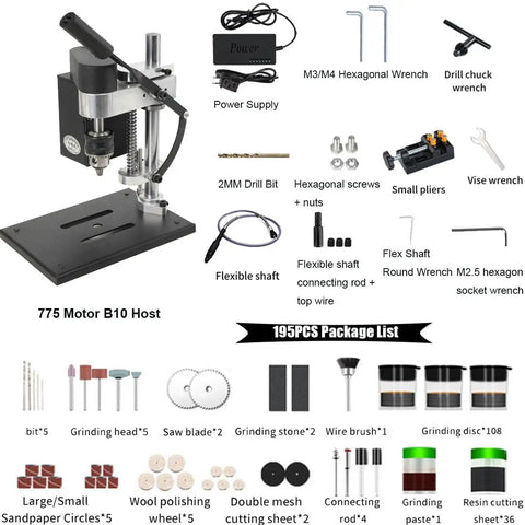 Portable Benchtop Drill Press With Cnc 775 Motor And Flexible Shaft displayed with accessories including wrench, flexible shaft, and drill bits.
