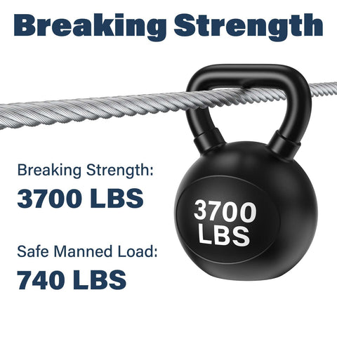 Heavy Duty Three Sixteenth Inch Stainless Steel Wire Rope Kit 3700 lb breaking strength illustrated with weight