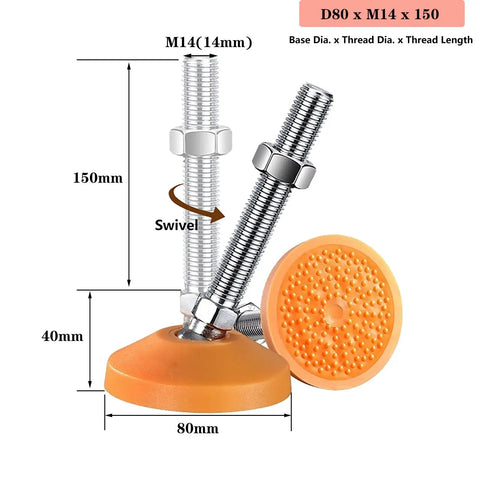 Four Pack Swivel Leveling Feet With 360 Degree Ball Head For Furniture Legs M14x150mm Thread Size Heavy Duty Chrome Plated Carbon Steel Nylon Base Non Slip Floor Protectors Protect Hardwood Floors Adjustable 70 To 90 Degrees Includes T Nuts, orange 80mm base