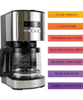 12 Cup Programmable Drip Coffee Maker With Glass Carafe No Mess Auto Shut Off Pause And Serve Large Water Reservoir Reusable Gold Tone Filter Carbon Filter Keeps Coffee Warm Black Kitchen Appliance