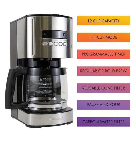 12 Cup Programmable Drip Coffee Maker With Glass Carafe No Mess Auto Shut Off Pause And Serve Large Water Reservoir Reusable Gold Tone Filter Carbon Filter Keeps Coffee Warm Black Kitchen Appliance