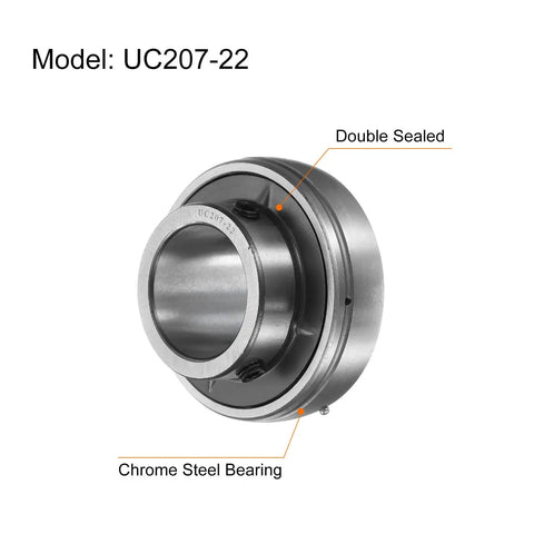 Pillow Block Bearing UC207-22 1 3/8 Inch Bore Chrome Steel GCR15 Flange Mounted Housing, double sealed view.