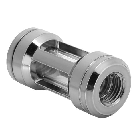 Chiciris G1/4 Brass Inline Water Cooling Filter For PC Liquid Loop, 50mm x 24mm silver acrylic body with mesh strainer.