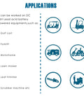 Applications for Runleader Lead Acid Battery Monitor DC 36V including golf carts, forklifts, motorhomes, and lawn mowers.
