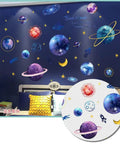 Galaxy Wall Sticker For Kids Room Removable 3D Milky Way Space Decor on bedroom wall, planets and stars illustration