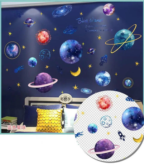 Galaxy Wall Sticker For Kids Room Removable 3D Milky Way Space Decor on bedroom wall, planets and stars illustration