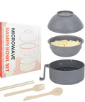Microwave Ramen Cooker Bowl with Chopsticks and Spoon, Dishwasher Safe and BPA Free, gray bowl set with utensils and packaging