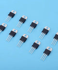 60 Piece Transistor And Regulator Variety Pack With 10 Value Types Including L7805CV And LM317T, array on blue background