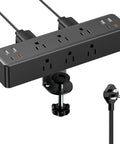 Straight Up Solid Desk Clamp Power Strip With Nine AC Outlets And Eight USB Ports For Stacked 40W Fast Charging, black design.