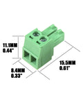 Front view of a 20 Pack 2 Pin KF2EDG 3.81mm Pitch Pluggable PCB Terminal Block with measurements