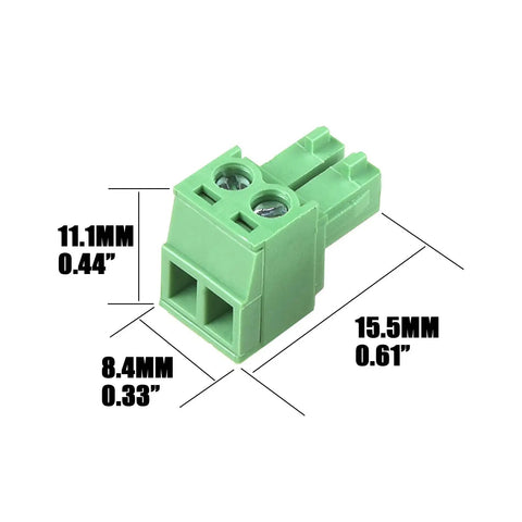 Front view of a 20 Pack 2 Pin KF2EDG 3.81mm Pitch Pluggable PCB Terminal Block with measurements