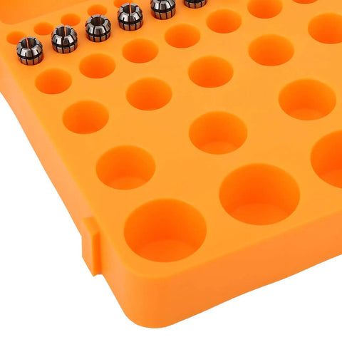 FTVOGUE ER11 Collet Chuck And Pointed Knife Set For CNC Milling in an orange holder with spaces for collets.