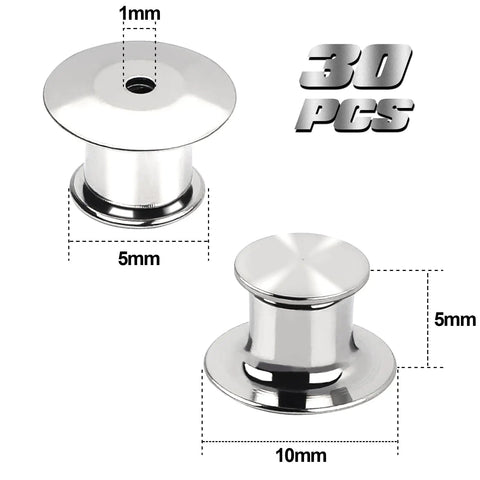 Heavy Duty Metal Pin Backs 30 Pack Snap On Quick With Zero Tools Press Firmly To Lock And Slide Base To Unclip Hella Secure For Jackets Patches And Badges Stays Snug All Day Long Smooth, measuring 10mm by 5mm and 1mm thick.