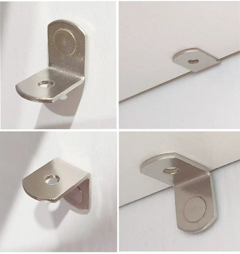 Dead Nuts Secure Quarter Inch L Shaped Shelf Pegs 40 Pack Cabinet Bracket Pins showcasing various angles of durable metal support brackets.