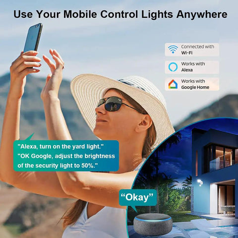 Woman using phone to control Smart Outdoor Security Flood Light With Motion Sensor, WiFi App, Alexa, Google integration.