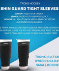Ice Hockey Shin Guard Tight Sleeves for Senior, Adult, and Junior Players; snug fit, black, with Tronx branding, saves tape.