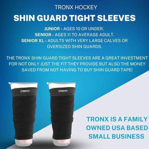 Ice Hockey Shin Guard Tight Sleeves for Senior, Adult, and Junior Players; snug fit, black, with Tronx branding, saves tape.