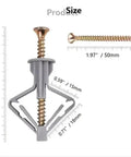 100 Pcs Gray Drywall Anchors Expansion Screws Kit For Plasterboard Walls With Self Tapping Screws, Rust-Resistant Yellow Zinc-Plated Carbon Steel, Easy Install, Strong Hold For TVs, Shelves, Mirrors, And Frames. Gray drywall anchor with 50mm screw and size markings