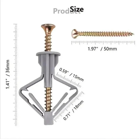 100 Pcs Gray Drywall Anchors Expansion Screws Kit For Plasterboard Walls With Self Tapping Screws, Rust-Resistant Yellow Zinc-Plated Carbon Steel, Easy Install, Strong Hold For TVs, Shelves, Mirrors, And Frames. Gray drywall anchor with 50mm screw and size markings